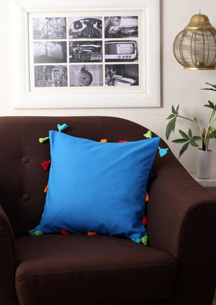 Lushomes Sky Blue Sofa Cushion Cover Online With Colorful Tassels (single Pc, 14 X 14 Inches)