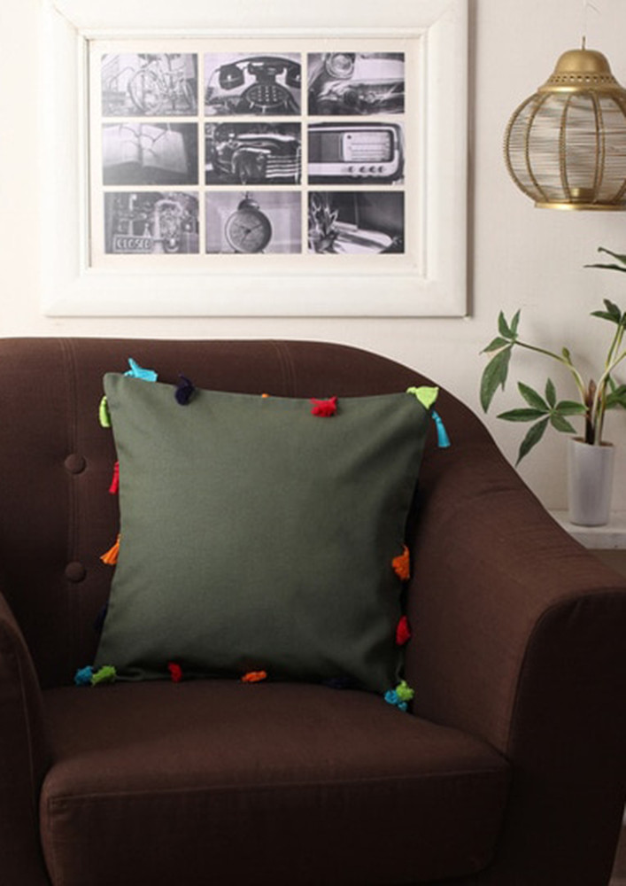 Lushomes Green Sofa Cushion Cover Online With Colorful Tassels (single Pc, 14 X 14 Inches)