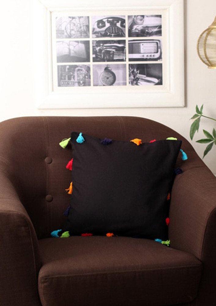 Lushomes Pirate Black Sofa Cushion Cover Online With Colorful Tassels (pack Of 1 Pc, 16 X 16 Inches)