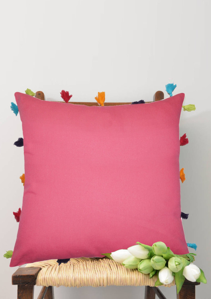 Lushomes Pink Sofa Cushion Cover Online With Colorful Tassels (pack Of 1 Pc, 16 X 16 Inches)