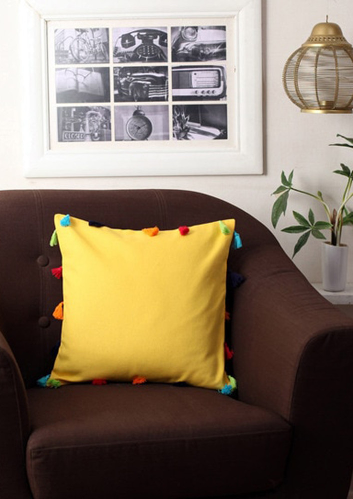 Lushomes Yellow Cushion Cover Online With Colorful Tassels (pack Of 1 Pc, 18 X 18 Inches)
