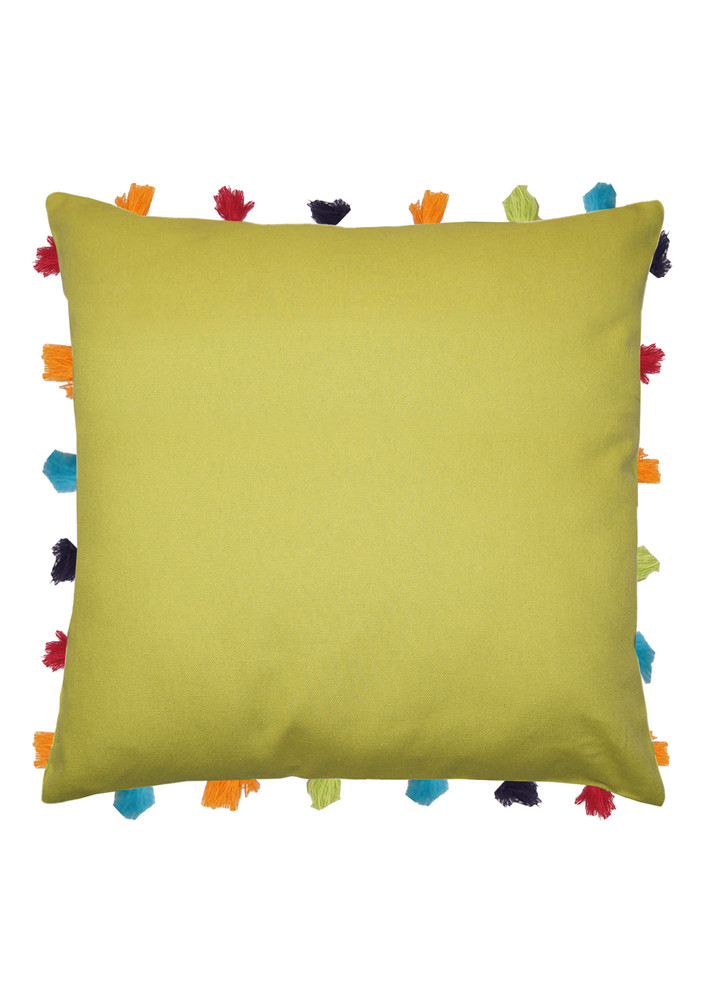 Lushomes Green Sofa Cushion Cover Online With Colorful Tassels (pack Of 1 Pc, 18 X 18 Inches)