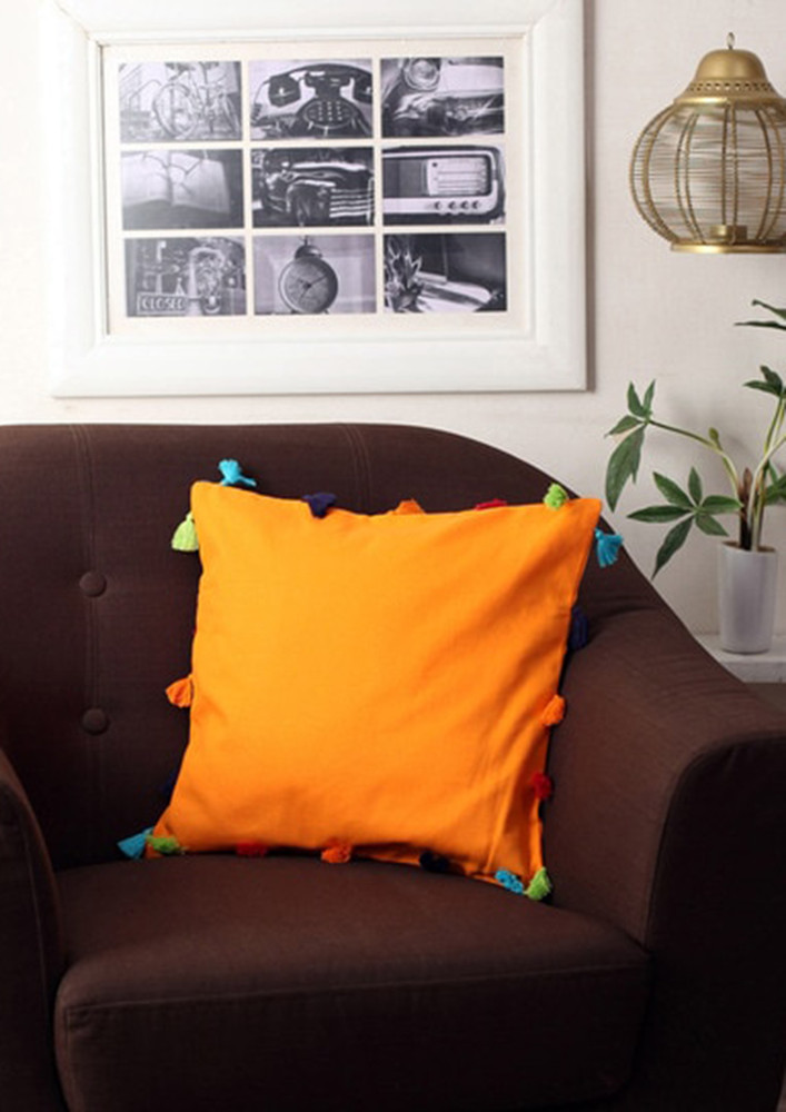 Lushomes Sun Orange Sofa Cushion Cover Online With Colorful Tassels (pack Of 1 Pc, 18 X 18 Inches)