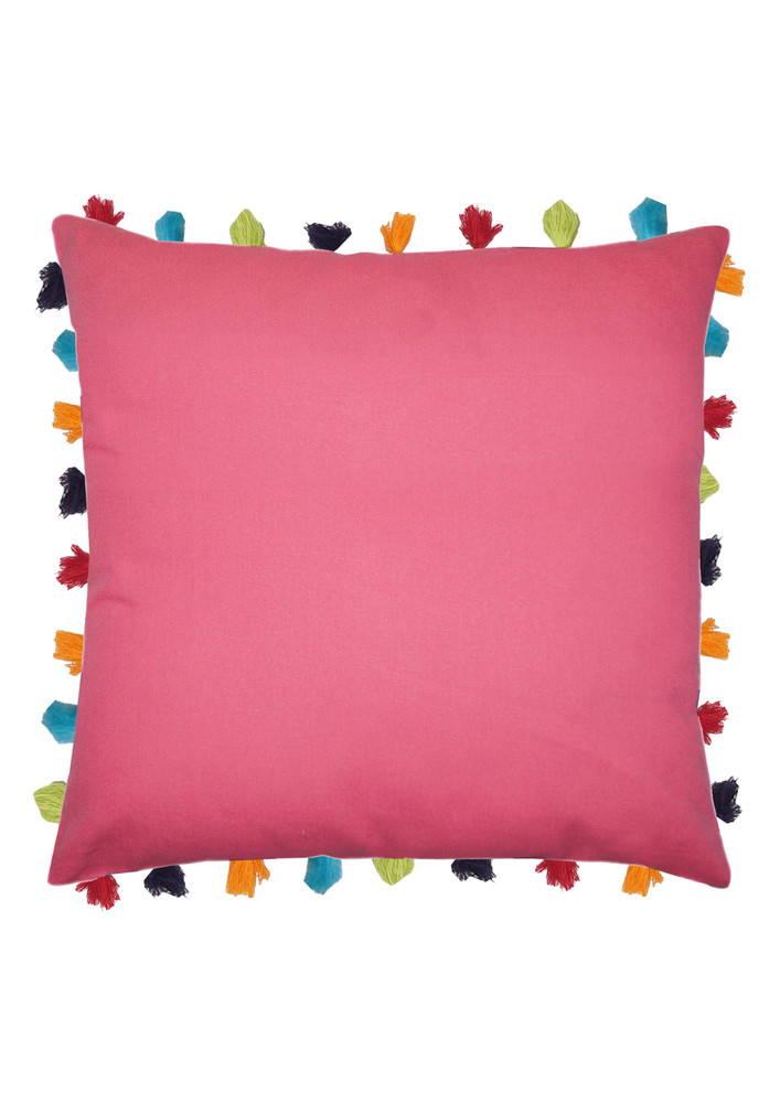 Lushomes Pink Sofa Cushion Cover Online With Colorful Tassels (pack Of 1 Pc, 24 X 24 Inches)