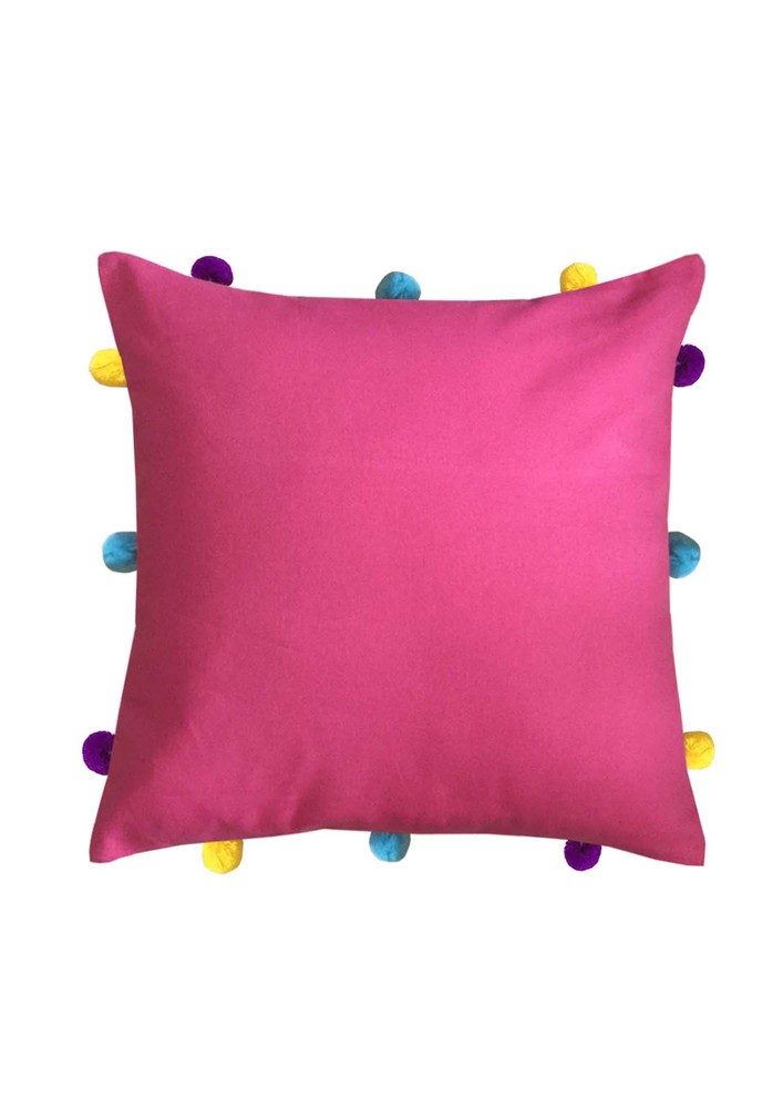 Lushomes Pink Sofa Cushion Cover Online With Colorful Pom Pom (pack Of 1, 12 X 12 Inches)