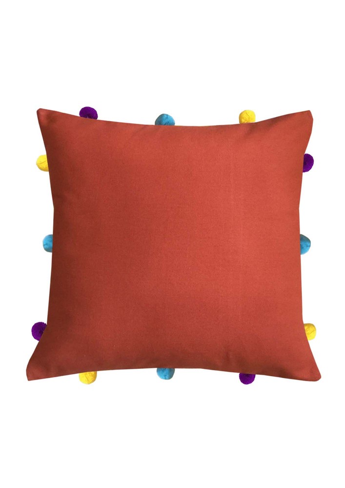 Lushomes Red Wood Sofa Cushion Cover Online With Colorful Pom Pom (pack Of 1, 12 X 12 Inches)
