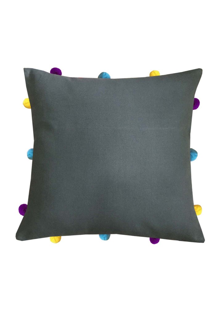 Lushomes Grey Sofa Cushion Cover Online With Colorful Pom Pom (pack Of 1, 12 X 12 Inches)