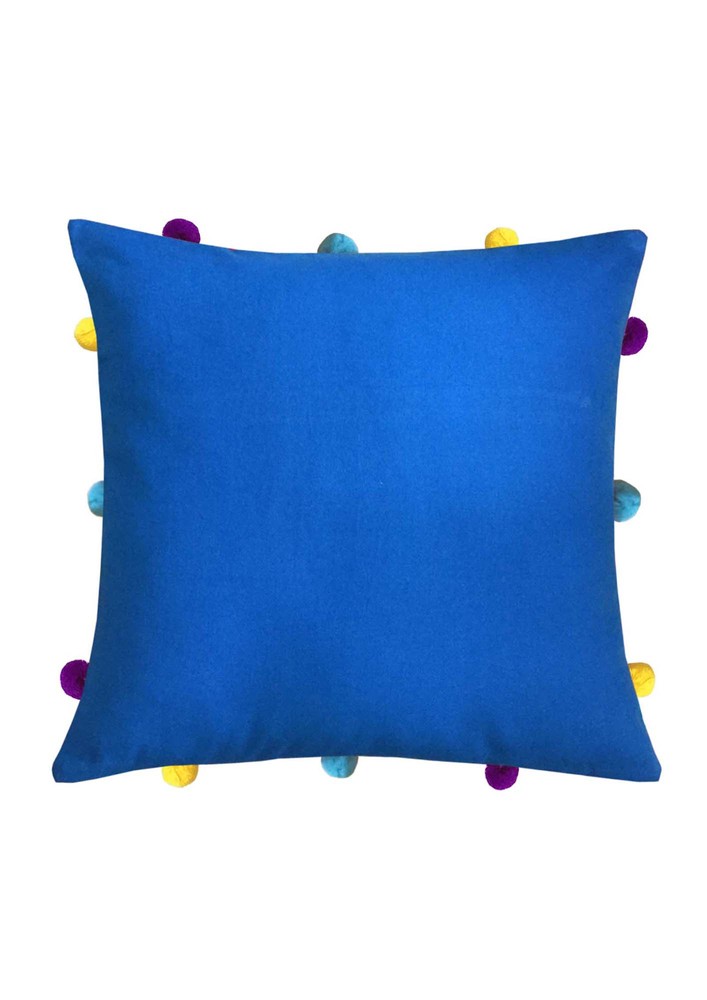 Lushomes Sky Blue Sofa Cushion Cover Online With Colorful Pom Pom (pack Of 1, 12 X 12 Inches)