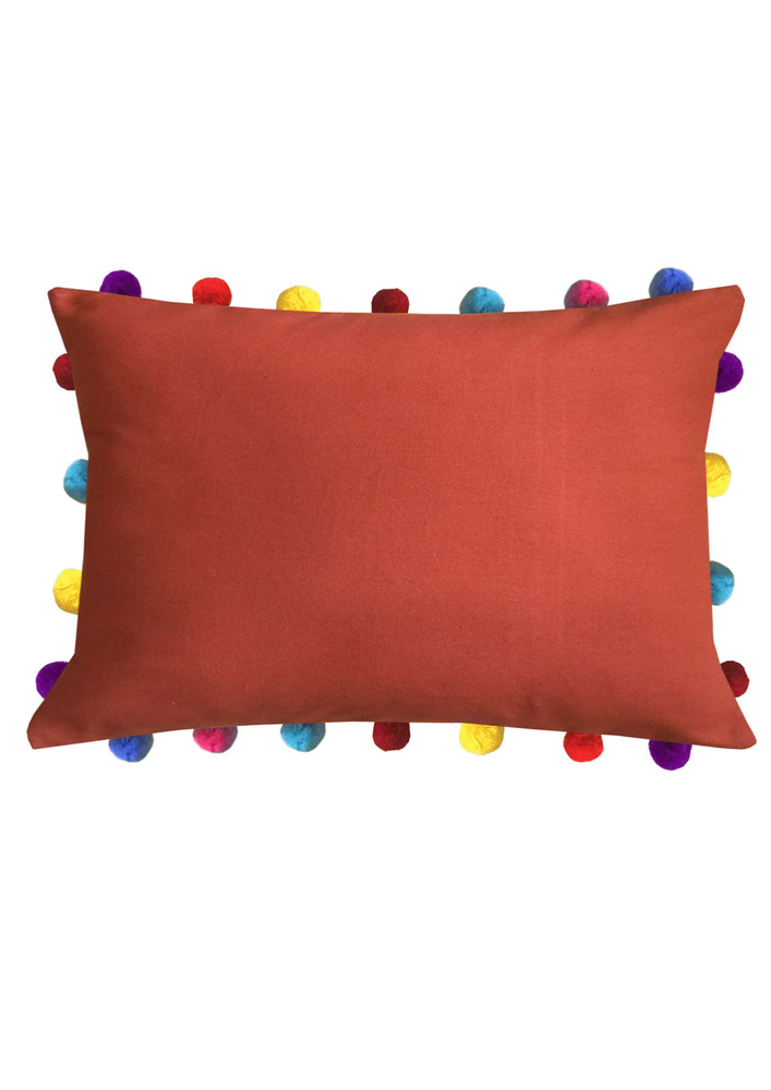 Lushomes Red Wood Sofa Cushion Cover Online With Colorful Pom Pom (pack Of 1 Pc, 14 X 20 Inches)