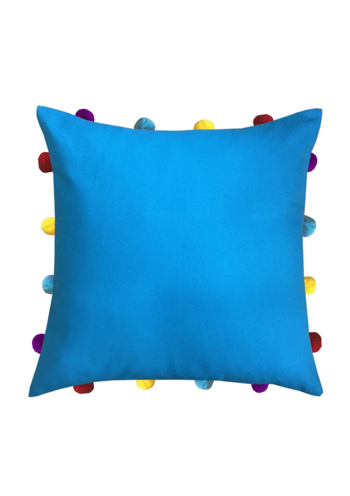 Lushomes Blue Sofa Cushion Cover Online with Colorful Pom Pom (Pack of 1 pc, 14 x 14 inches)
