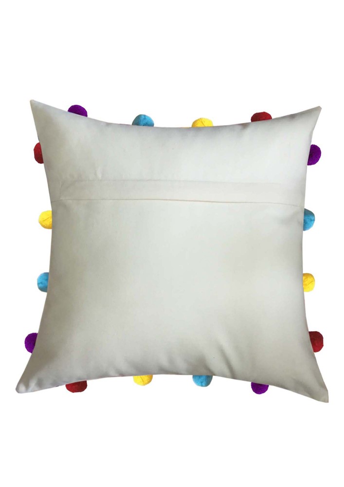Lushomes Yellow Sofa Cushion Cover Online With Colorful Pom Pom (pack Of 1 Pc, 14 X 14 Inches)