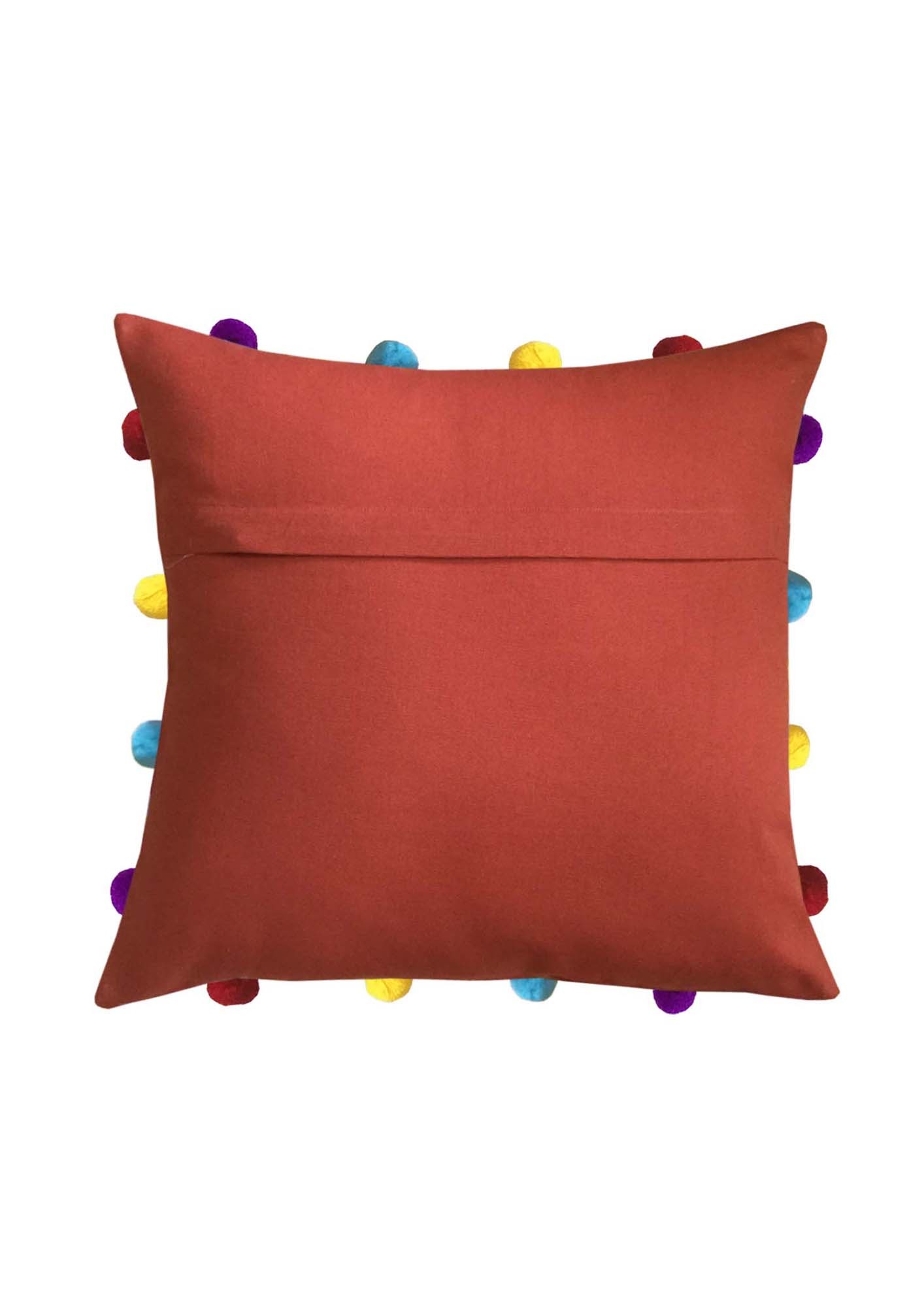 Lushomes Red Wood Sofa Cushion Cover Online with Colorful Pom Pom (Pack of 1 pc, 14 x 14 inches)