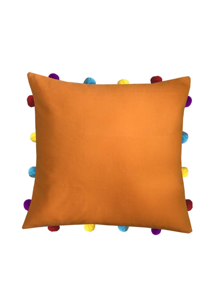 Lushomes Sun Orange Sofa Cushion Cover Online With Colorful Pom Pom (pack Of 1 Pc, 14 X 14 Inches)