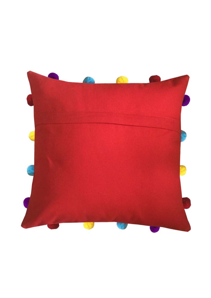 Lushomes Red Sofa Cushion Cover Online With Colorful Pom Pom (pack Of 1 Pc, 14 X 14 Inches)