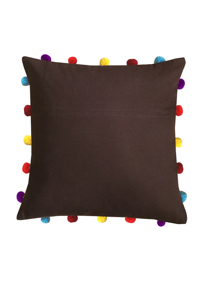 Lushomes Brown Sofa Cushion Cover Online With Colorful Pom Pom (pack Of 1 Pc, 16 X 16 Inches)