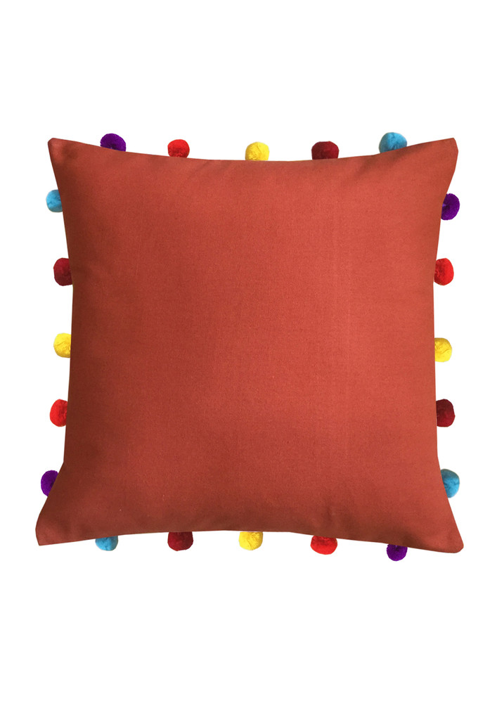 Lushomes Red Wood Sofa Cushion Cover Online With Colorful Pom Pom (pack Of 1 Pc, 16 X 16 Inches)