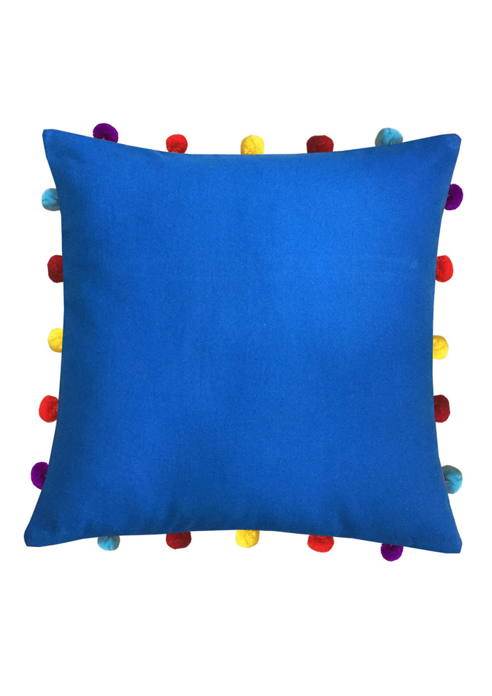 Lushomes Sky Blue Sofa Cushion Cover Online With Colorful Pom Pom (pack Of 1 Pc, 16 X 16 Inches)