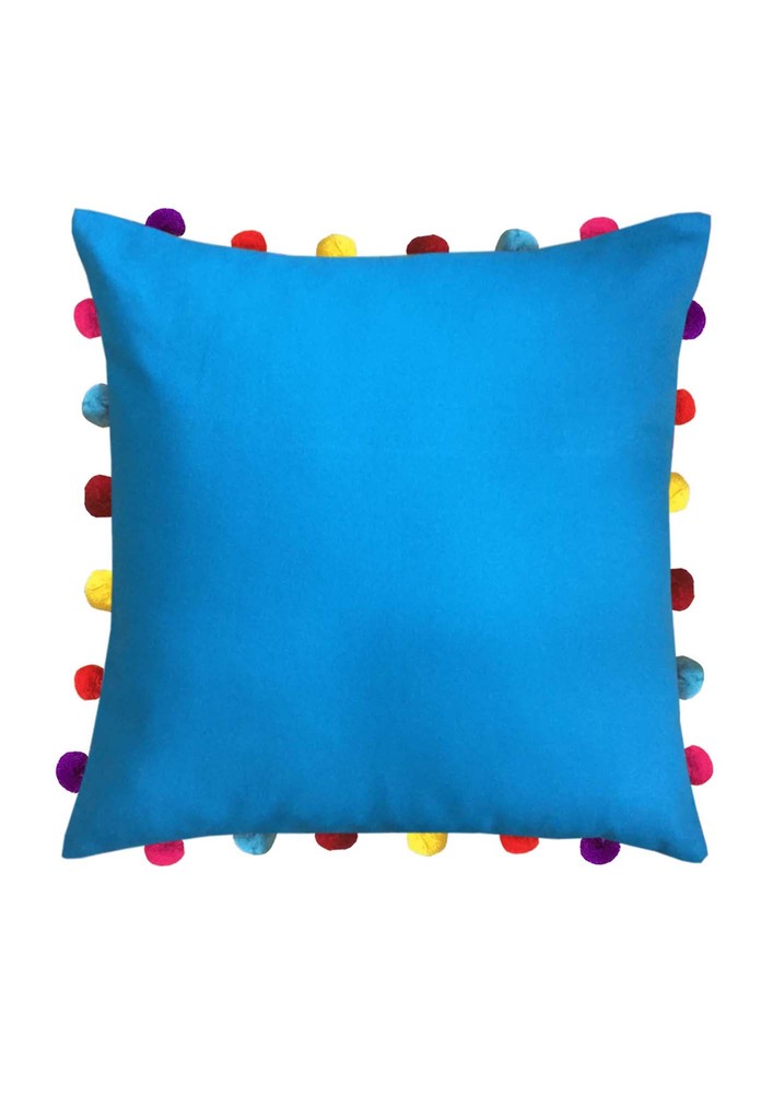 Lushomes Blue Sofa Cushion Cover Online With Colorful Pom Pom (pack Of 1 Pc, 18 X 18 Inches)