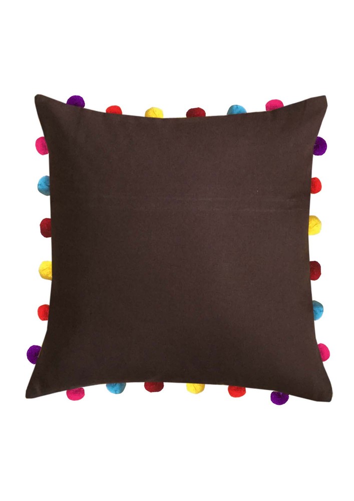 Lushomes Brown Sofa Cushion Cover Online With Colorful Pom Pom (pack Of 1 Pc, 18 X 18 Inches)