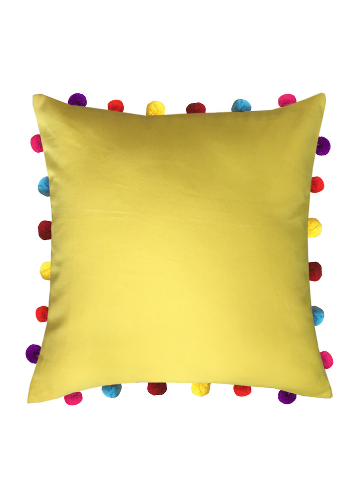 Lushomes Yellow Cushion Cover Online With Colorful Pom Pom (pack Of 1 Pc, 18 X 18 Inches)