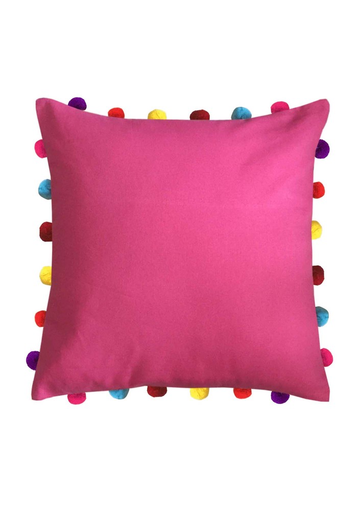 Lushomes Pink Sofa Cushion Cover Online With Colorful Pom Pom (pack Of 1 Pc, 18 X 18 Inches)