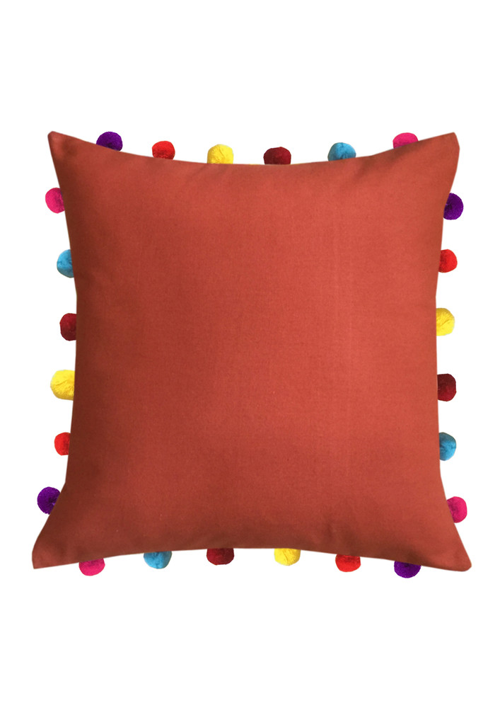 Lushomes Red Wood Sofa Cushion Cover Online With Colorful Pom Pom (pack Of 1 Pc, 18 X 18 Inches)