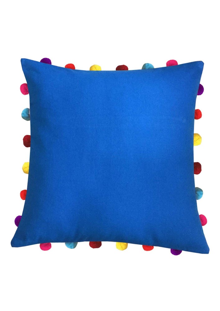 Lushomes Sky Blue Sofa Cushion Cover Online With Colorful Pom Pom (pack Of 1 Pc, 18 X 18 Inches)
