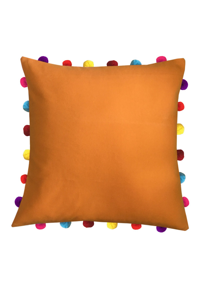 Lushomes Sun Orange Sofa Cushion Cover Online With Colorful Pom Pom (pack Of 1 Pc, 18 X 18 Inches)