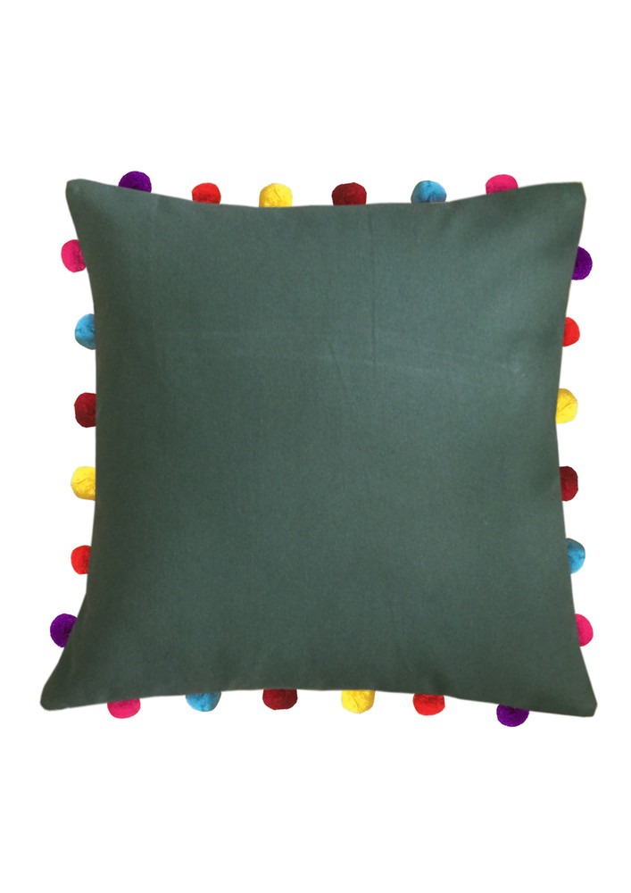 Lushomes Green Cushion Cover Online With Colorful Pom Pom (pack Of 1 Pc, 18 X 18 Inches)