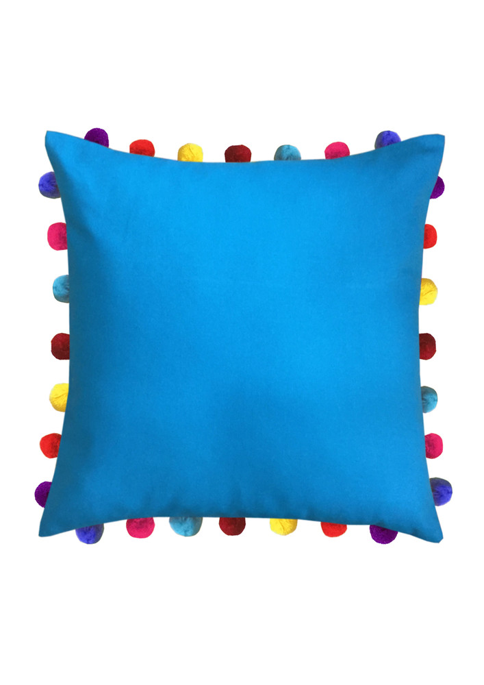 Lushomes Blue Sofa Cushion Cover Online With Colorful Pom Pom (pack Of 1 Pc, 20 X 20 Inches)
