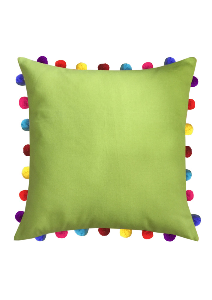 Lushomes Green Cushion Cover Online With Colorful Pom Pom (pack Of 1 Pc, 20 X 20 Inches)