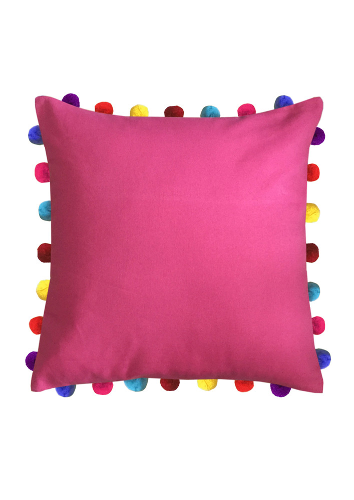 Lushomes Pink Sofa Cushion Cover Online With Colorful Pom Pom (pack Of 1 Pc, 20 X 20 Inches)