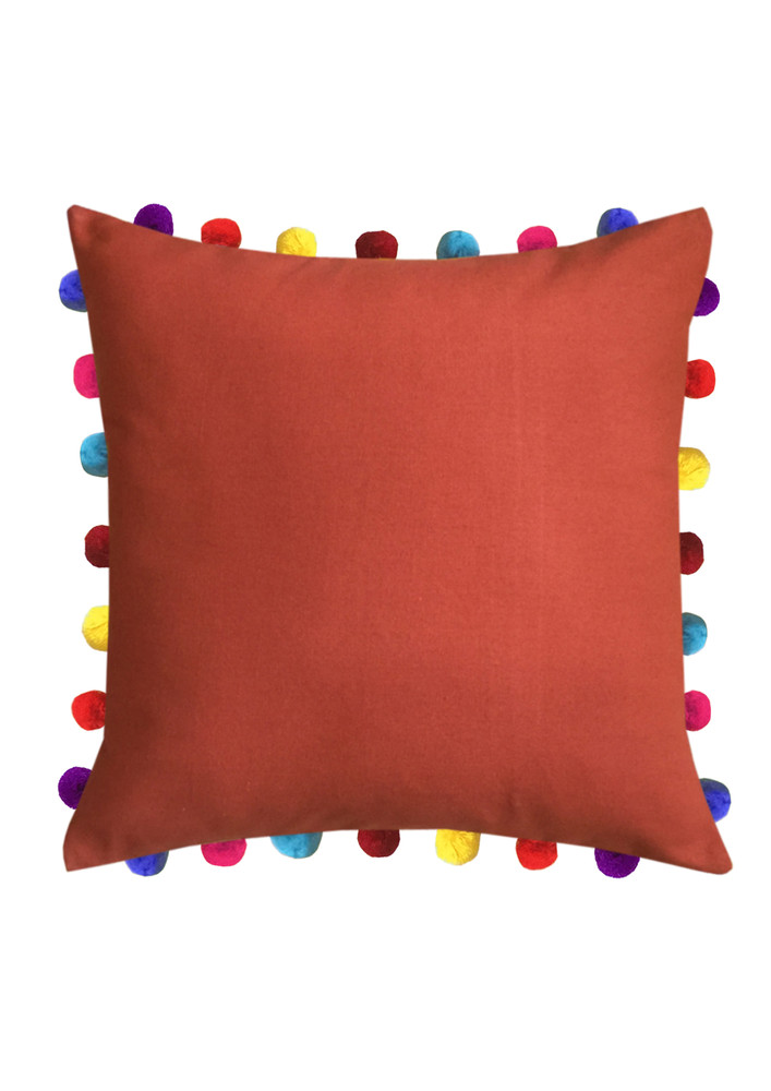 Lushomes Red Wood Sofa Cushion Cover Online With Colorful Pom Pom (pack Of 1 Pc, 20 X 20 Inches)