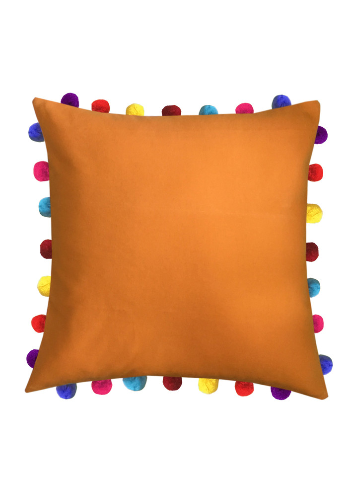 Lushomes Sun Orange Sofa Cushion Cover Online With Colorful Pom Pom (pack Of 1 Pc, 20 X 20 Inches)