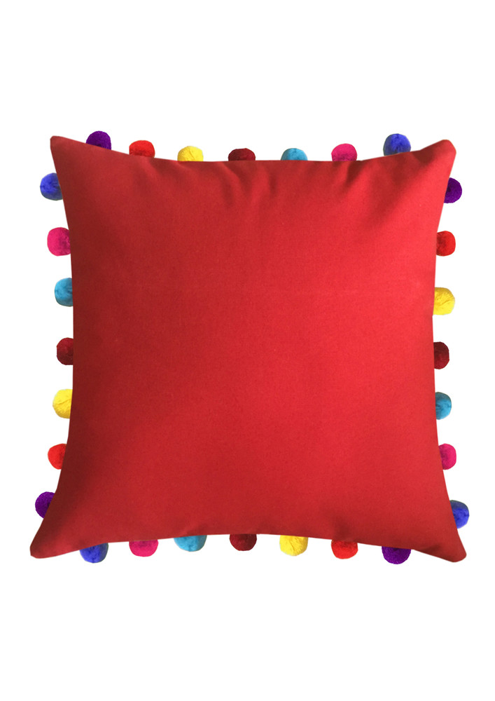 Lushomes Red Sofa Cushion Cover Online With Colorful Pom Pom (pack Of 1 Pc, 20 X 20 Inches)