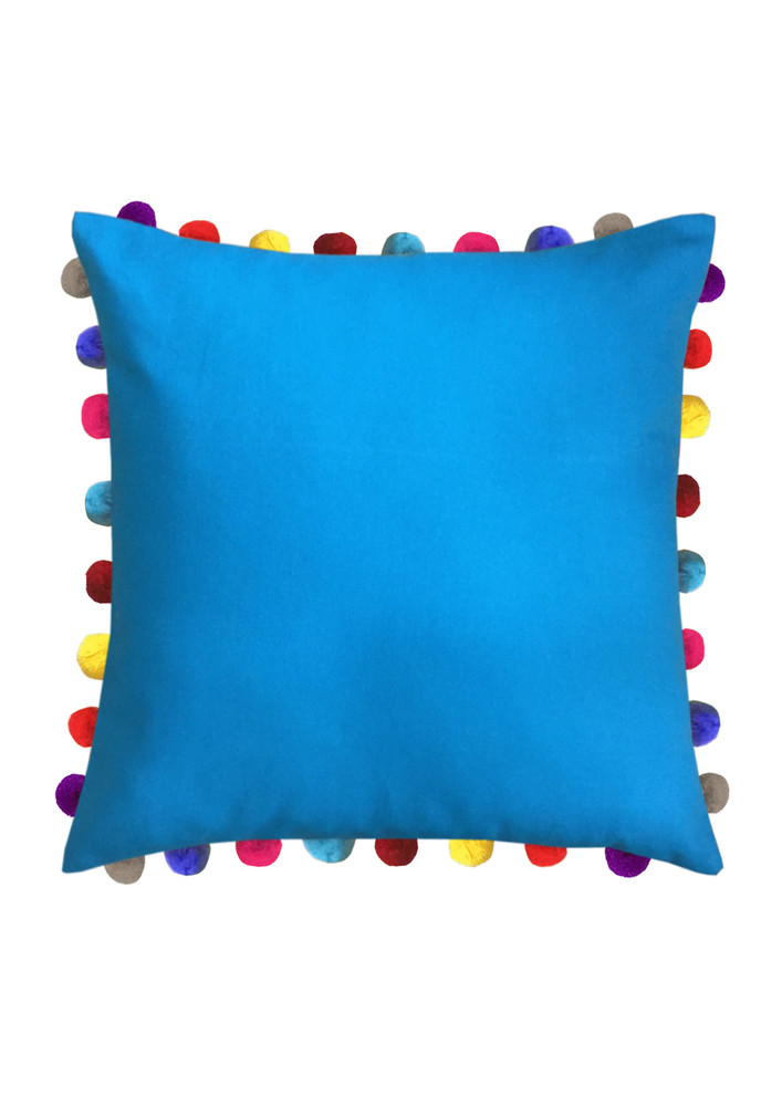 Lushomes Blue Cushion Cover Online With Colorful Pom Pom (pack Of 1 Pc, 24 X 24 Inches)