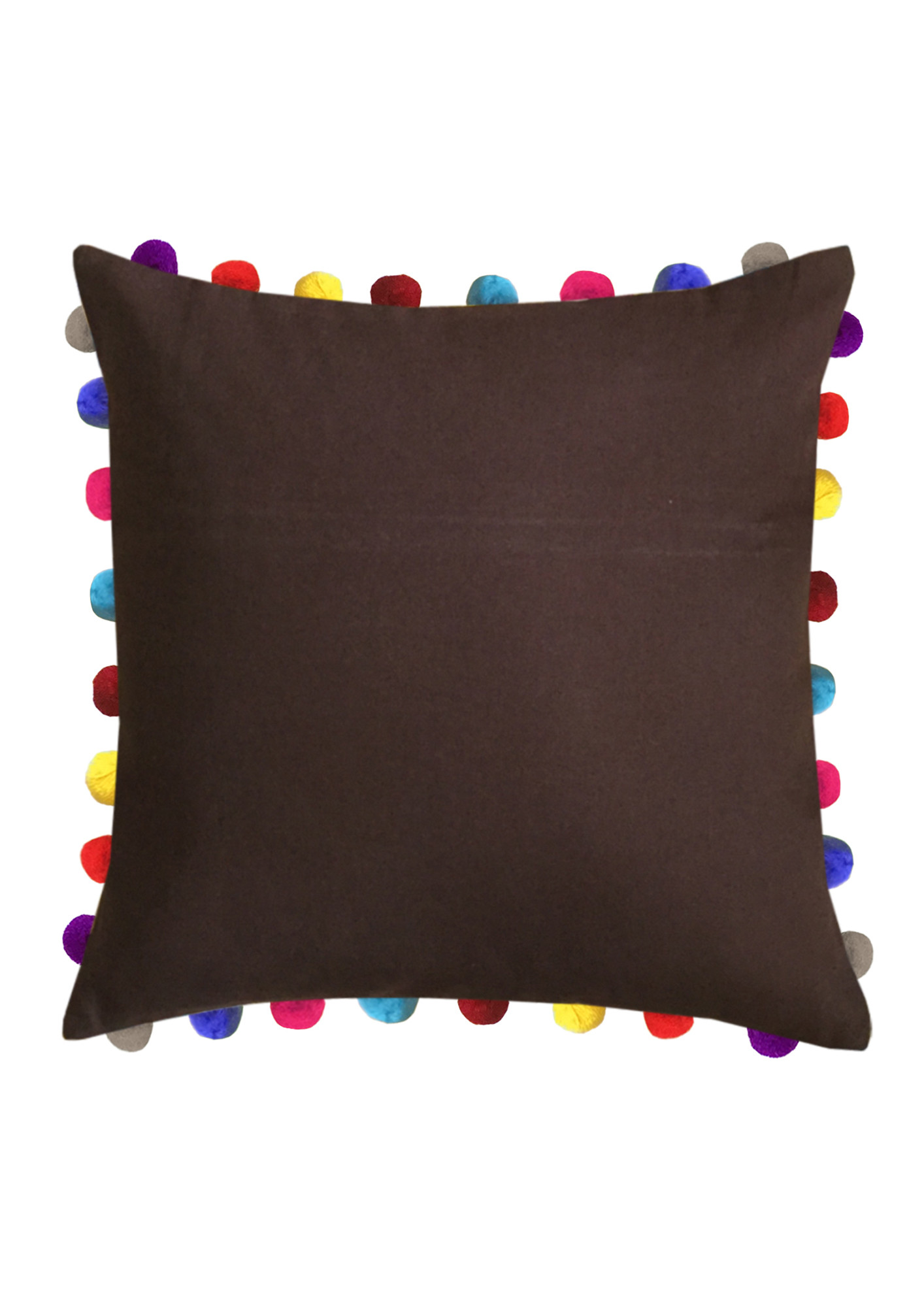 Lushomes Brown Sofa Cushion Cover Online with Colorful Pom Pom (Pack of 1 Pc, 24 x 24 inches)