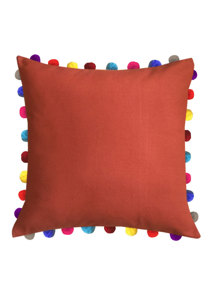 Lushomes Red Wood Sofa Cushion Cover Online With Colorful Pom Pom (pack Of 1 Pc, 24 X 24 Inches)