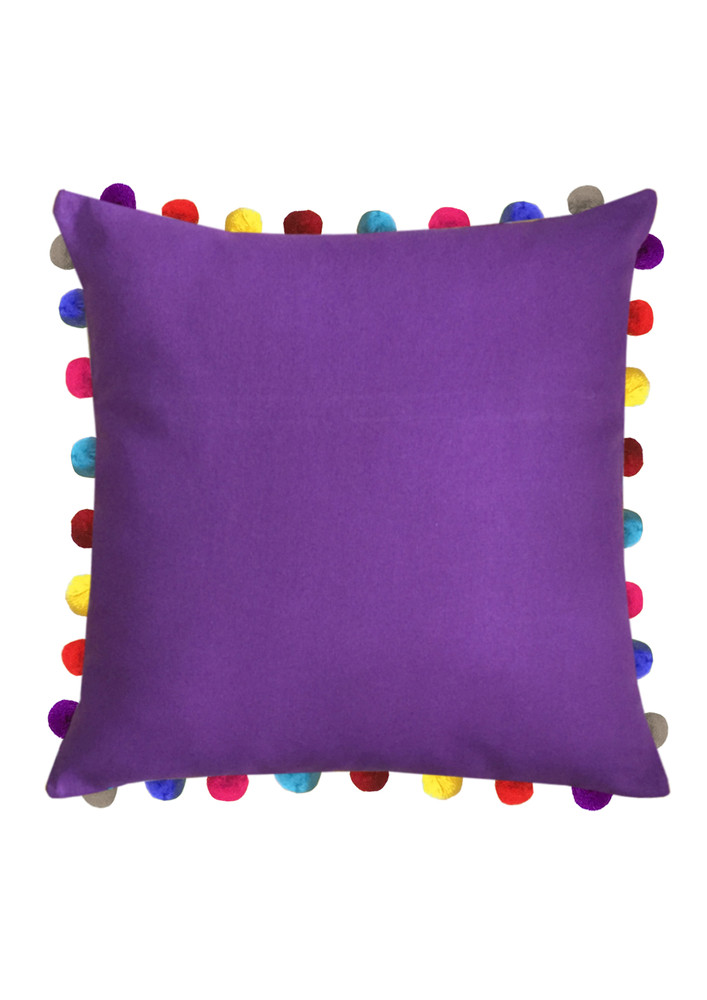 Lushomes Purple Sofa Cushion Cover Online With Colorful Pom Pom (pack Of 1 Pc, 24 X 24 Inches)