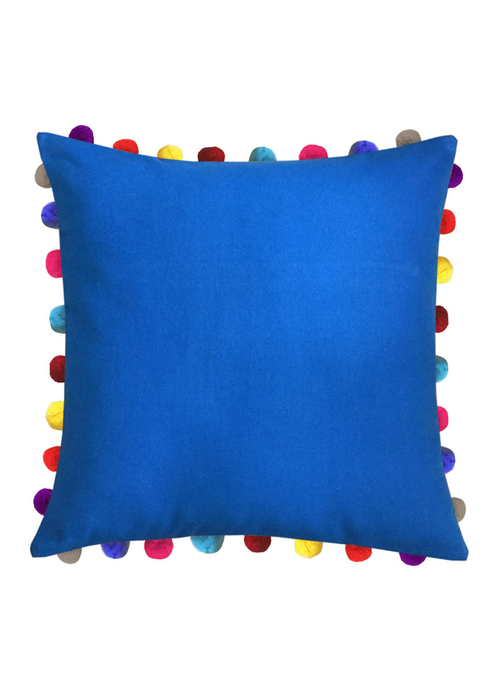 Lushomes Sky Blue Sofa Cushion Cover Online with Colorful Pom Pom (Pack of 1 Pc, 24 x 24 inches)