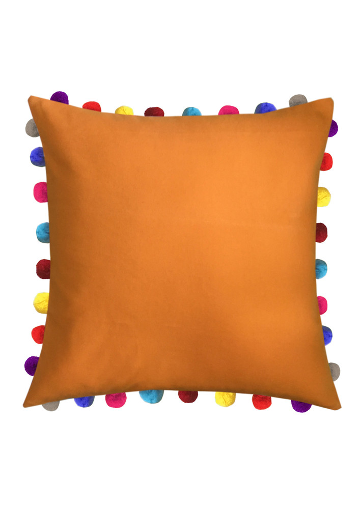 Lushomes Sun Orange Sofa Cushion Cover Online with Colorful Pom Pom (Pack of 1 Pc, 24 x 24 inches)