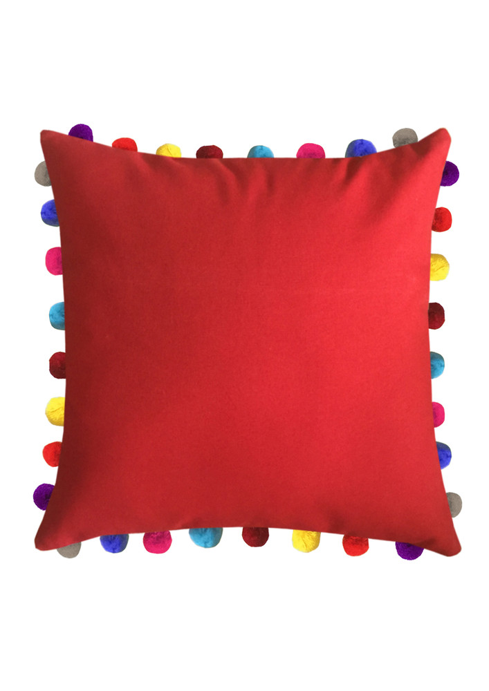 Lushomes Red Sofa Cushion Cover Online With Colorful Pom Pom (pack Of 1 Pc, 24 X 24 Inches)