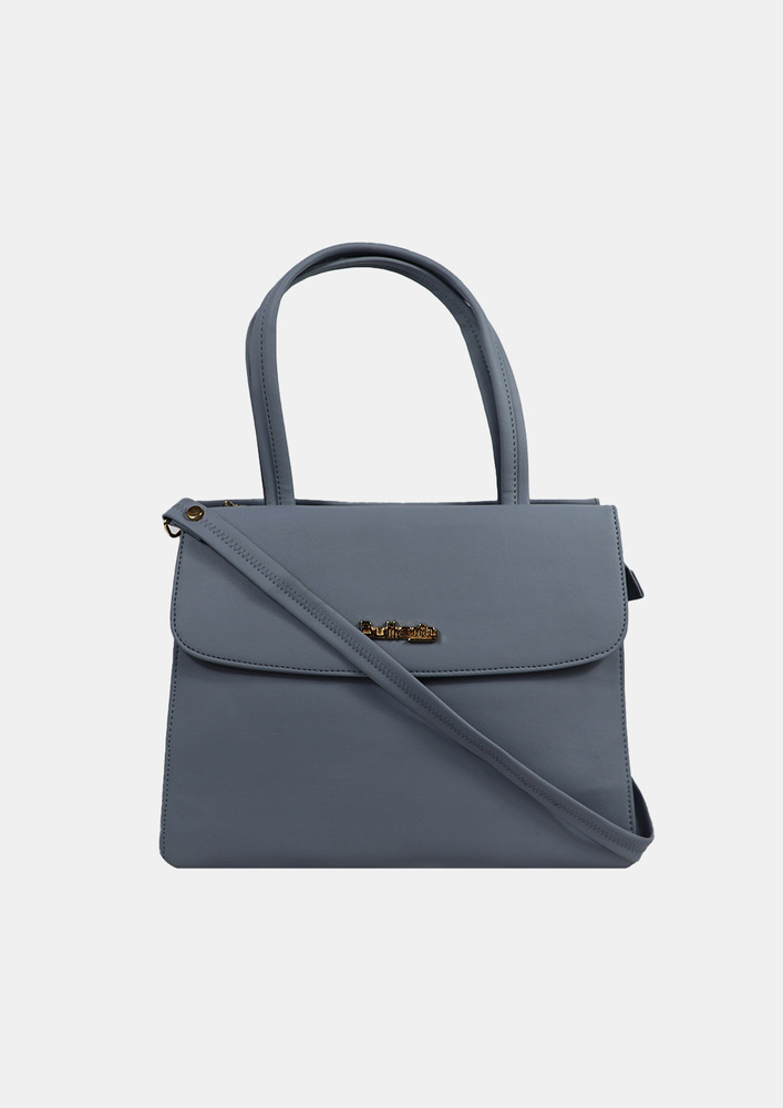 Sea Grey Solid Hand Bag With Belt