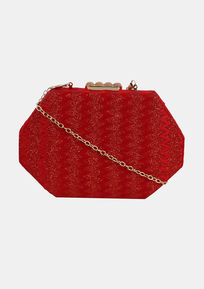 Red Solid Hexagon Box Clutch With Chain