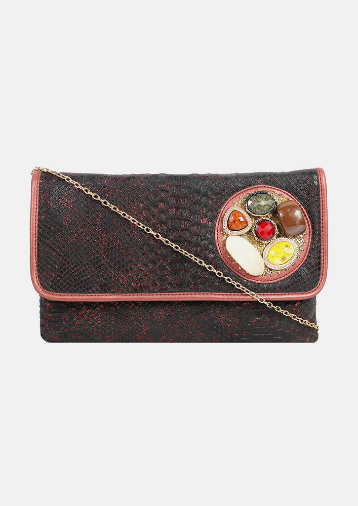 Red Croc-Textured Envelope Clutch With Stone Work-CT33_2