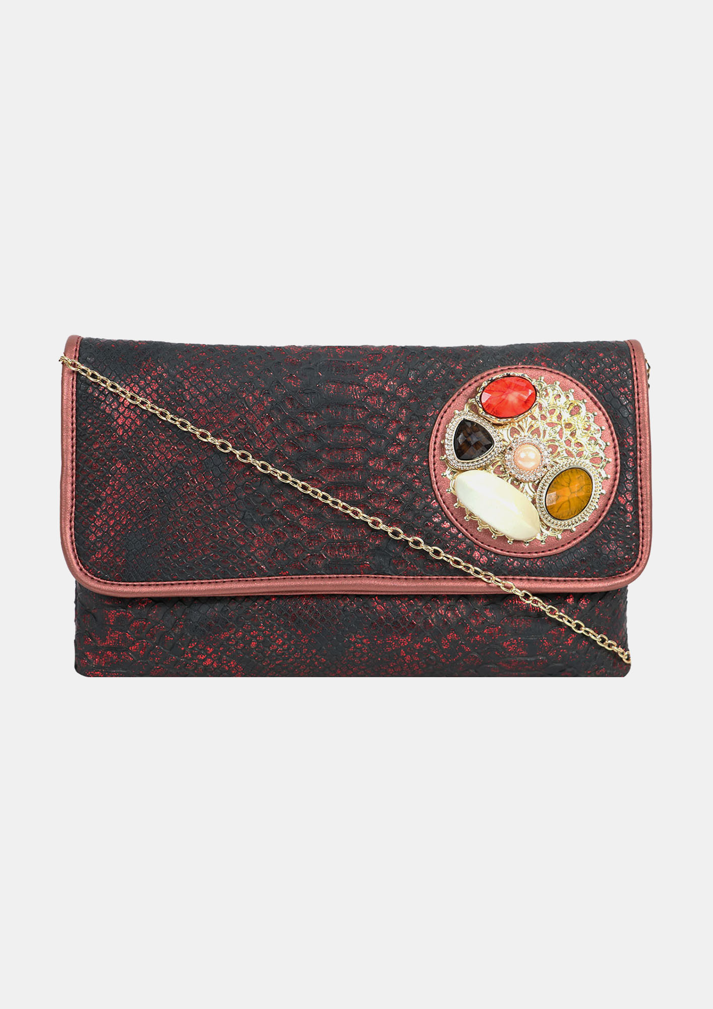 Red Croc-Textured Envelope Clutch With Stone Work