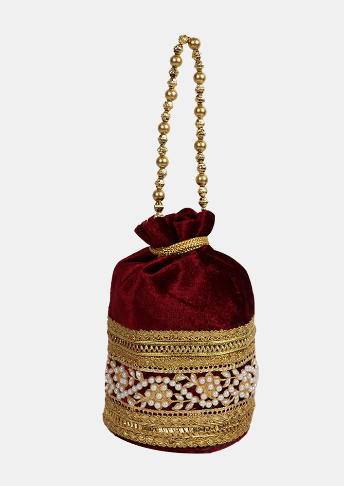 Embellished Maroom Colored Clutch Potli Bag