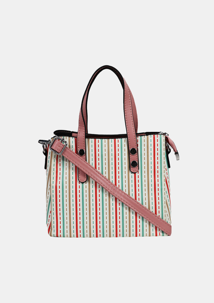 Off White Striped Handheld Bag With Belt