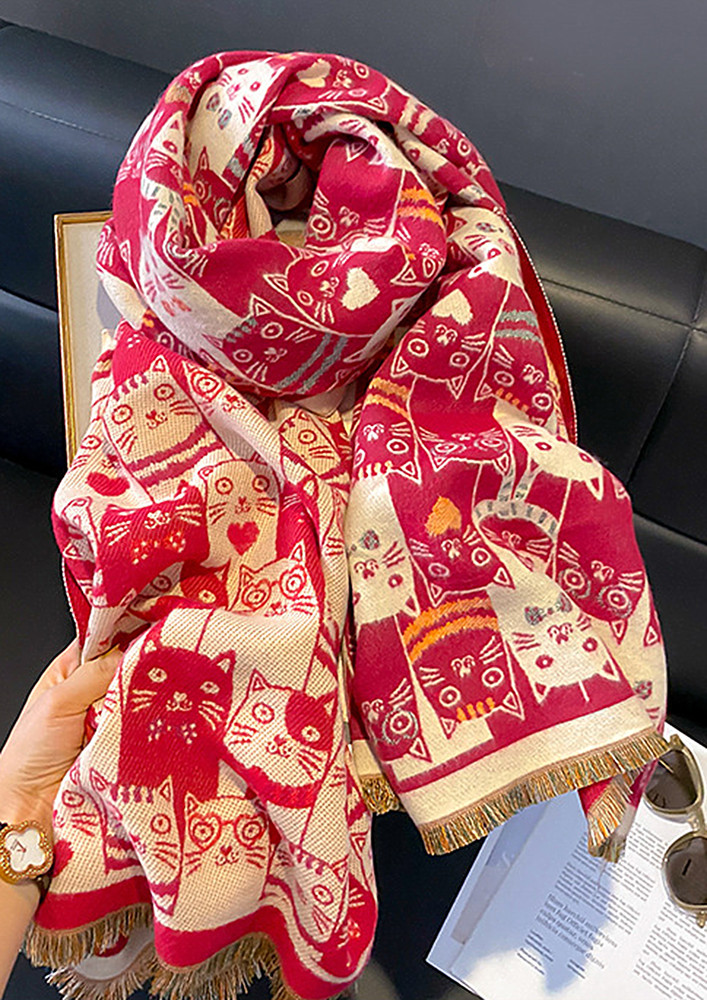 KITTY PATTERN REVERSIBLE RED SCARF