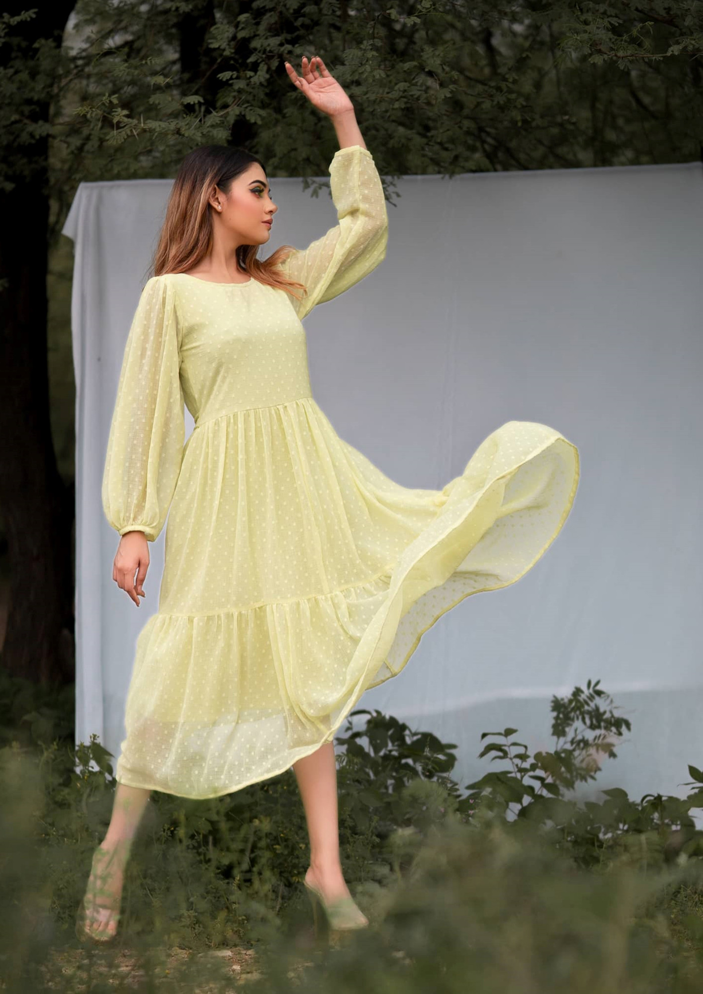 Buy Lemon Yellow Gathered Embroidered Dress Online - W for Woman